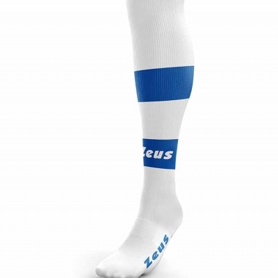 Meia desportiva branca com faixas azuis e texto Zeus