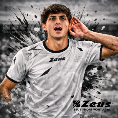 Camisola de desporto branca Zeus com detalhes em preto e estampado cinzento