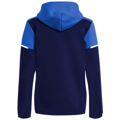 Casaco azul escuro com capuz azul claro e faixa branca nas mangas visto de costas