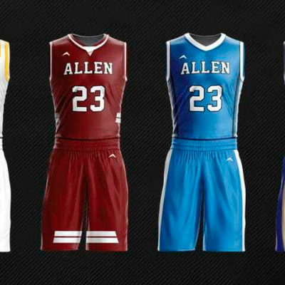 Sete uniformes coloridos de basquetebol com o nome ALLEN e números tradicionais.