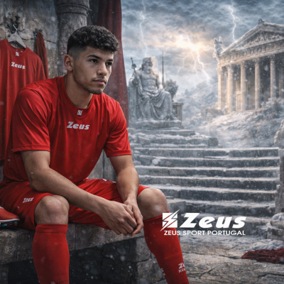 Conjunto desportivo vermelho Zeus e sapatilhas num cenário antigo de pedra com estátua e cortinas vermelhas.