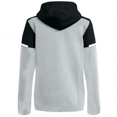 Casaco cinza claro e preto com capuz, vista traseira