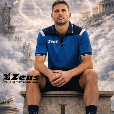 Homem com camisa polo azul e calções pretos sentado num pedestal em cenário mitológico com estátuas e relâmpagos