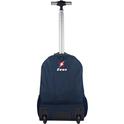 Mala mochilaatual azul escuro com rodas e haste extensível preta e metálica.