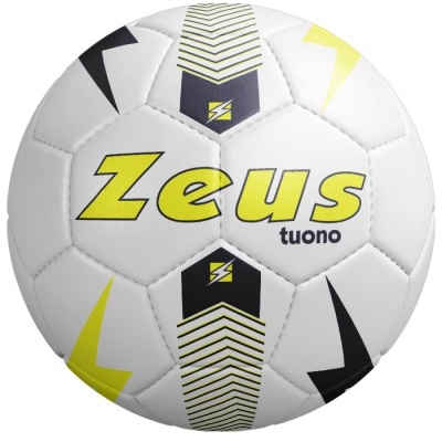 Bola de futebol branca com texto Zeus tuono e padrão em amarelo e preto