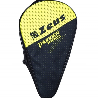 Capa para raquete de ténis de mesa amarelo e preto com texto Zeus Thunder Pro