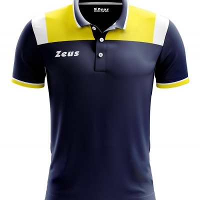 Polo azul escuro com detalhes amarelos e brancos e logotipo Zeus no peito