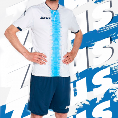 Vestuário desportivo masculino branco e azul com logotipo Zeus