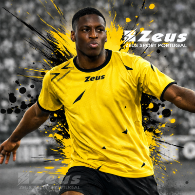 Camisola desportiva amarela da Zeus com detalhes pretos usada por jogador em fundo estilizado.