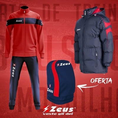 Conjunto de treino vermelho e preto e casaco acolchoado azul e vermelho da marca Zeus com oferta.