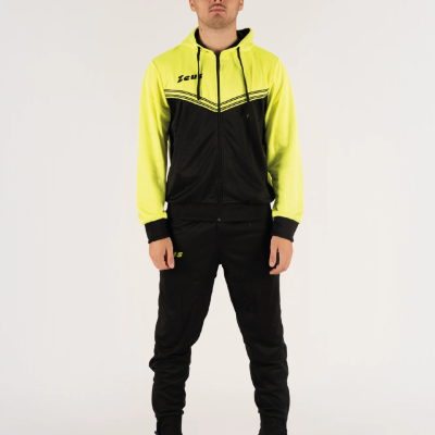 Fato de treino amarelo fluorescente e preto com capuz e calças pretas com logótipo