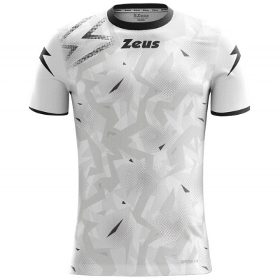 Camisola desportiva branca com padrão geométrico cinzento e detalhes pretos