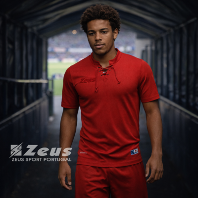 Homem com t-shirt vermelha Zeus em túnel de estádio