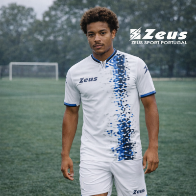 Equipamento de futebol branco com padrão azul e cinza e logo Zeus num campo de futebol.