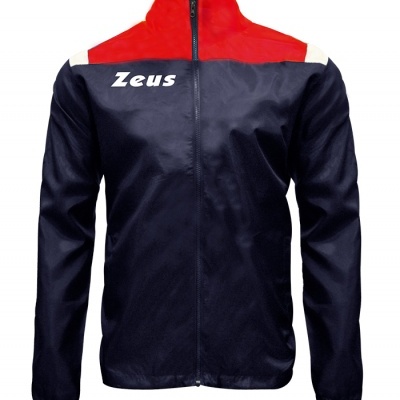 Casaco desportivo azul escuro com vermelho e branco, texto Zeus no peito