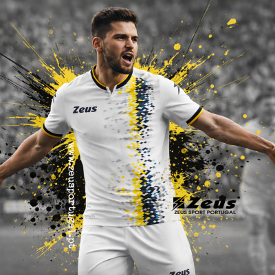 Camisola de futebol branca com padrão pixelado amarelo e preto e logótipo Zeus