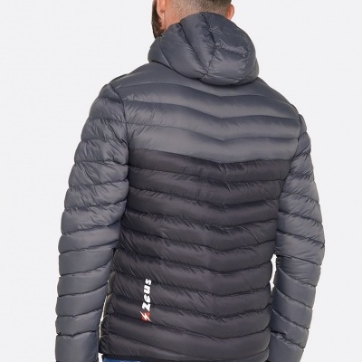 Casaco acolchoado cinzento e preto com capuz e logótipo Zeus nas costas