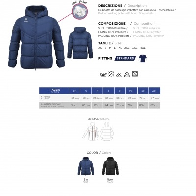 Ficha técnica do casaco acolchoado Giubbotto Mykonos azul e preto com descrição, composição, tamanhos, cores e instruções de cuidado.