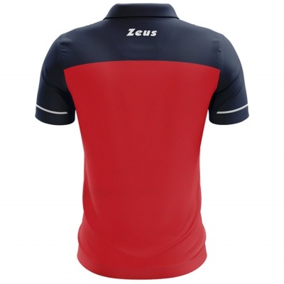 Camisola desportiva vermelha e azul escuro com texto ZEUS nas costas