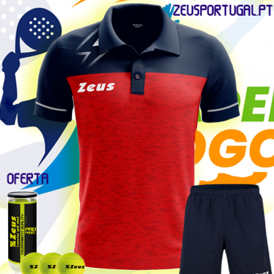 Conjunto desportivo com polo vermelho e preto, calções pretos e material de ténis Zeus.