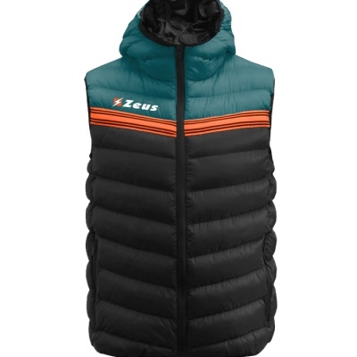 Colete acolchoado com capuz e cores preto, verde-azulado e laranja com marca Zeus