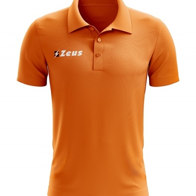 Polo laranja de manga curta com texto 'Zeus' branco no peito