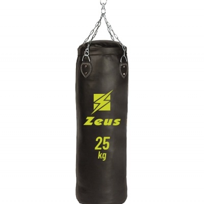 Saco de boxe preto de 25 kg com logótipo Zeus e correntes para pendurar
