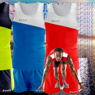 Três conjuntos de roupa desportiva Zeus com atleta a preparar-se para corrida e texto SPORT PORTUGAL em fundo.