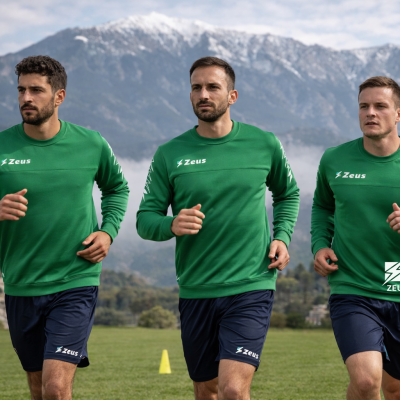 Três homens a correr com roupa desportiva verde e azul da marca Zeus em campo com montanhas ao fundo