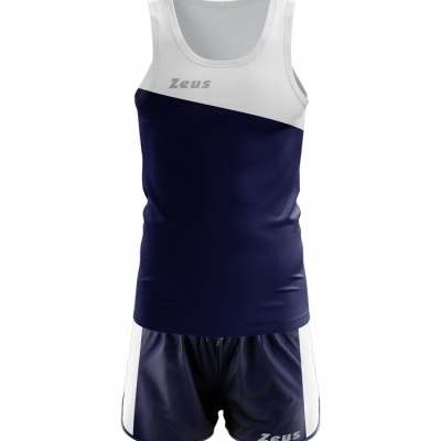 Conjunto de roupa desportiva azul escuro e branca com marca Zeus