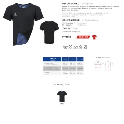 Camiseta preta Zeus SHIRT SAUNA com logótipo no peito e indicação de composição e tamanhos