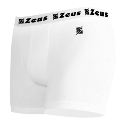 Cuecas boxer brancas com cós branco e texto Zeus em preto