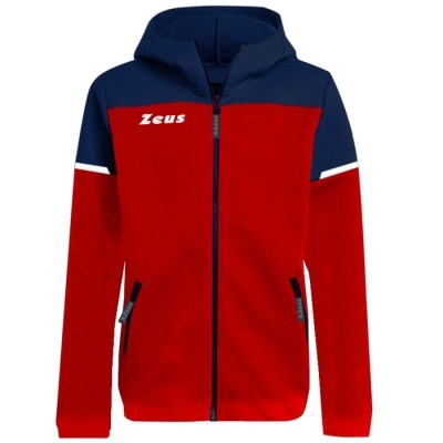 Casaco desportivo azul escuro e vermelho com capuz e fecho frontal
