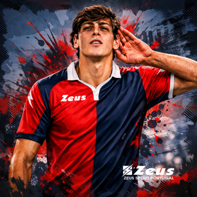 Camisola desportiva bicolor vermelho e azul com gola branca e logo Zeus.