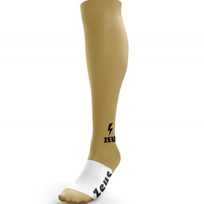 Meia desportiva comprida bege e branca com texto e símbolo preto.