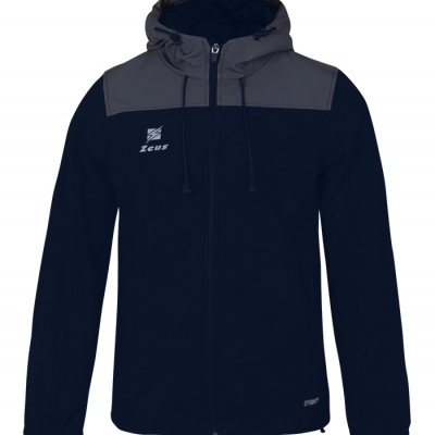 Casaco desportivo azul escuro e cinzento com capuz e fecho