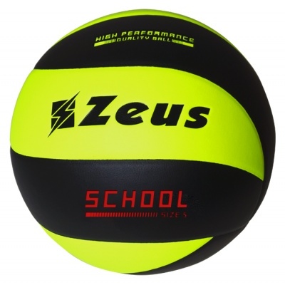 Bola de voleibol preta e amarela com texto Zeus e School.