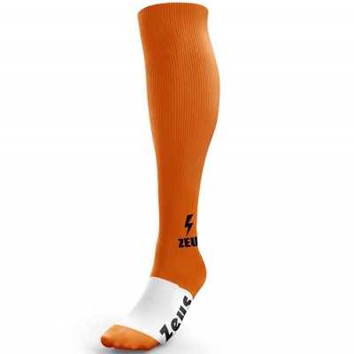 Meia desportiva comprida laranja com parte branca no pé e texto Zeus