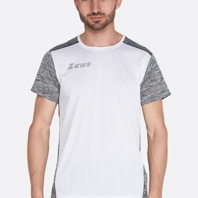 Camisola desportiva branca com detalhes cinza escuro e texto Zeus no peito