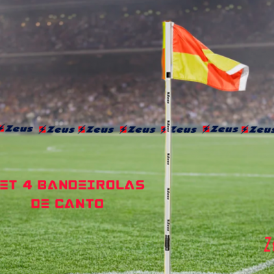 Conjunto de 4 bandeirolas de canto para futebol com padrão laranja e amarelo em campo de futebol