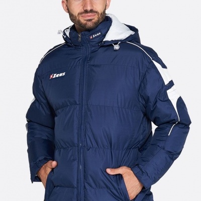 Casaco acolchoado azul escuro com capuz branco e logotipo ZEUS