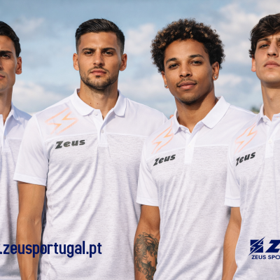 Quatro homens com pólos brancos com a marca Zeus em fundo de céu azul