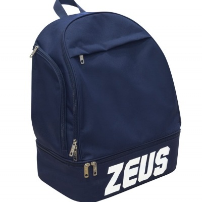 Mochila azul escura com vários compartimentos e texto ZEUS em branco