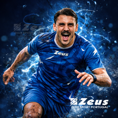 Homem em fato desportivo azul com texto Zeus num fundo elétrico azul