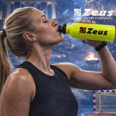 Mulher a beber de garrafa desportiva amarela Zeus com fundo de estátua e edifício clássico.