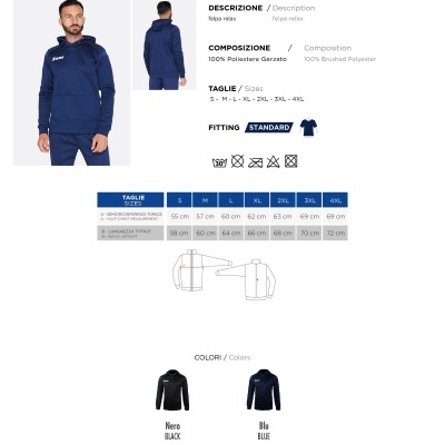 Catálogo de hoodie azul-escuro com descrição, tabelas de tamanhos e cores preto e azul