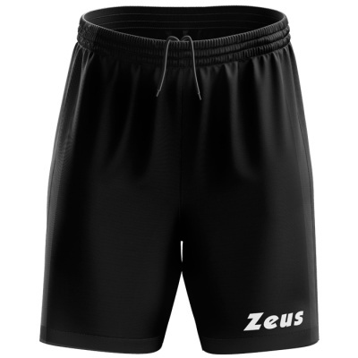 Calções desportivos pretos com texto Zeus na perna direita