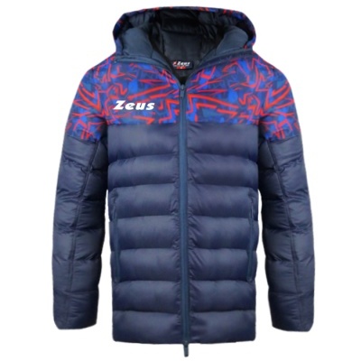 Casaco acolchoado azul escuro com padrão vermelho e azul claro e logótipo Zeus branco