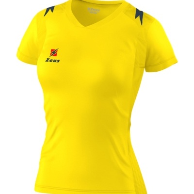 T-shirt feminina amarela Zeus gola em V com detalhes pretos nos ombros