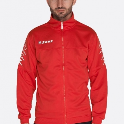 Casaco desportivo vermelho Zeus com fecho de correr e padrão branco nas mangas
